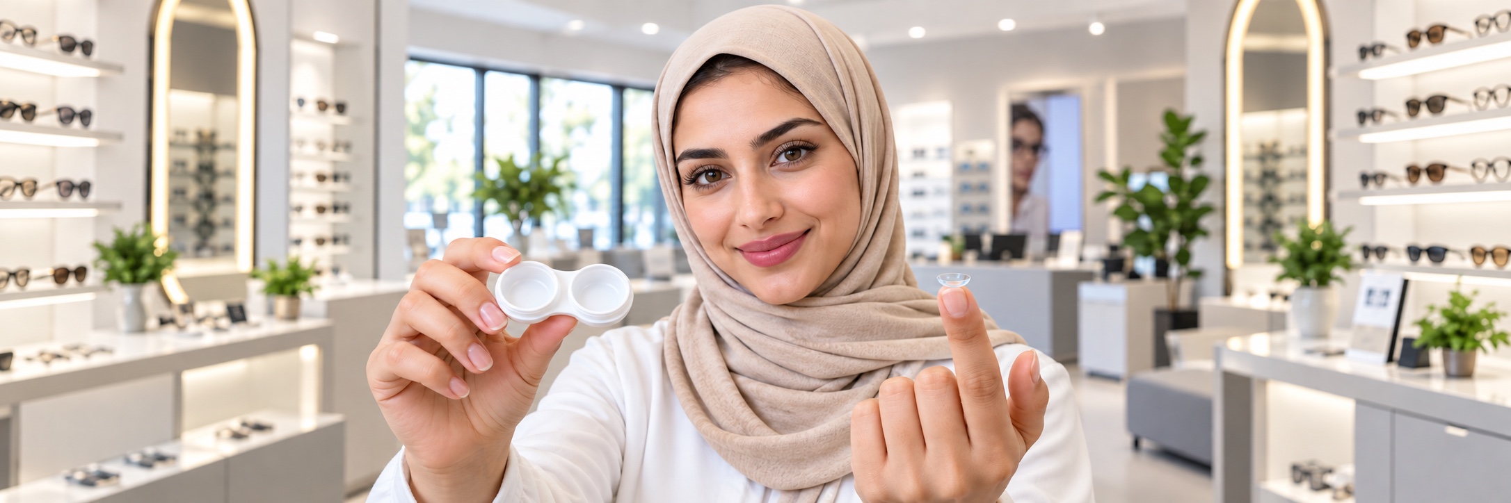 Woman holding a clear contact lens and an open lens case