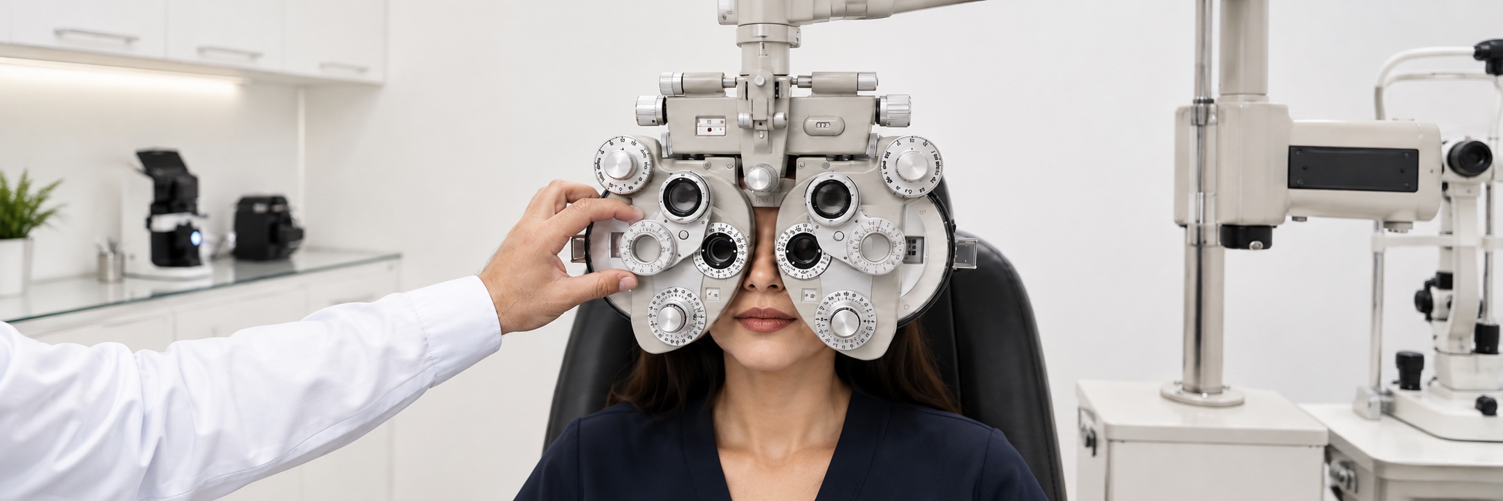 Woman having a phoropter vision assessment, illustrating an eye exam in Amman