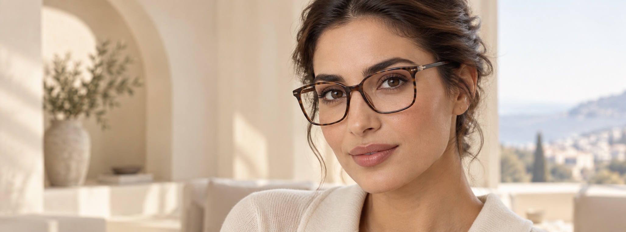 Woman wearing tortoiseshell eyeglasses with clear prescription lenses