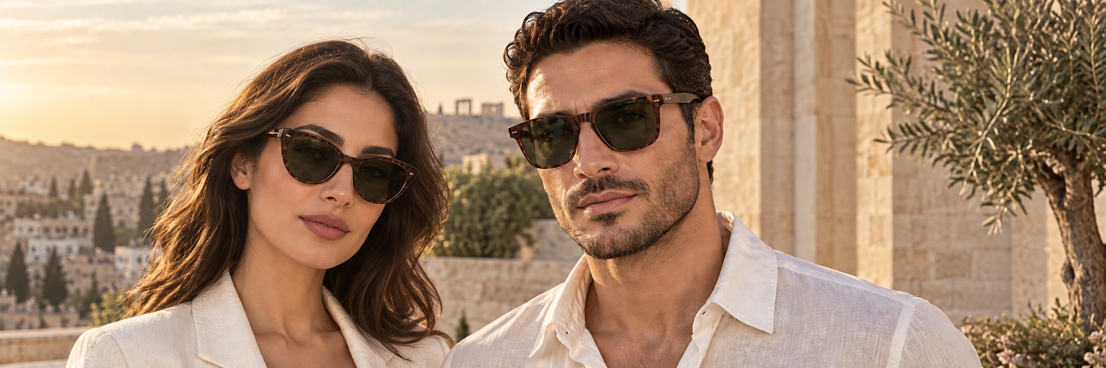 Man and woman wearing tortoiseshell sunglasses against an Amman city backdrop