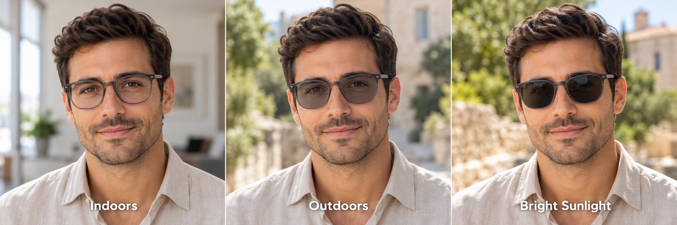 Illustration of the same man wearing photochromic prescription glasses with clear lenses indoors, medium-tinted lenses outdoors and dark lenses in bright sunlight.