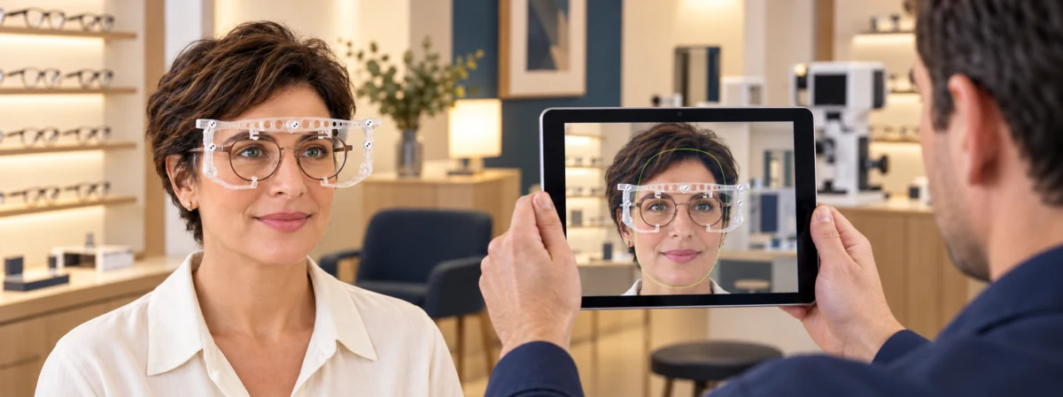 Illustrative scene of digital spectacle fitting with a tablet and frame calibration attachment.