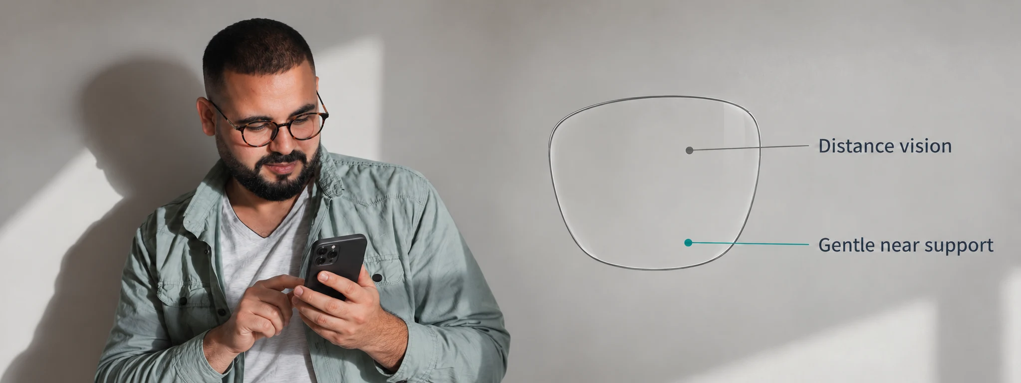 Digital lenses illustration: young man reading a smartphone beside a lens diagram showing distance vision and gentle near support.