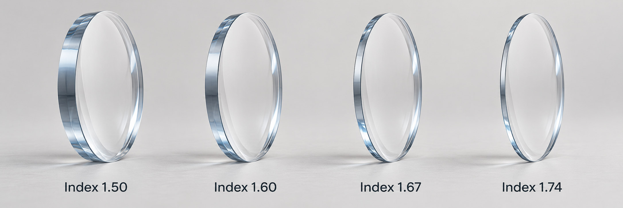 High-index lenses comparison showing illustrative thickness differences between Index 1.50, 1.60, 1.67 and 1.74
