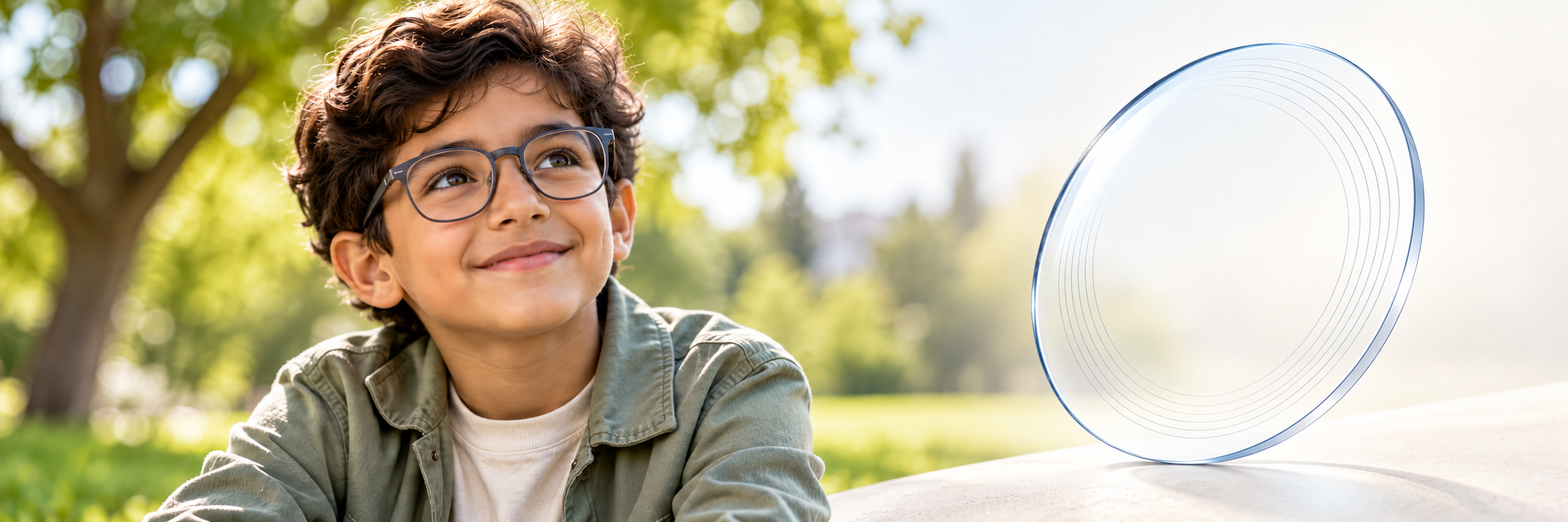 Child wearing prescription glasses outdoors beside a conceptual myopia control spectacle lens