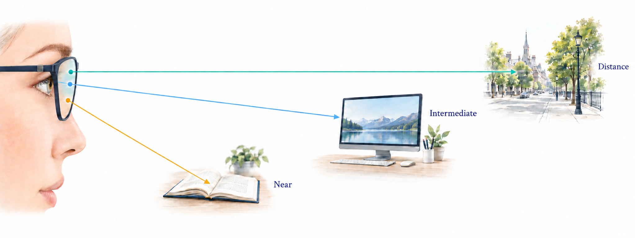 Illustration of progressive lens viewing directions for distance, computer work and reading.